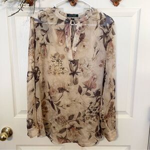 Tan Sheer Georgette Floral Split Neck Tunic Top XL